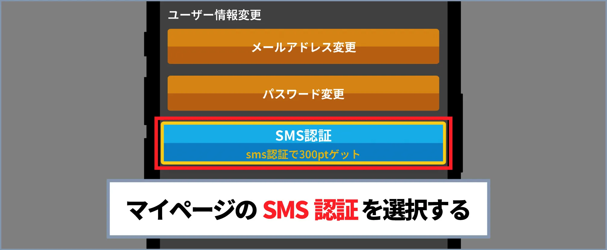 トレカレインボー招待コード-②マイページのSMS認証を選択する